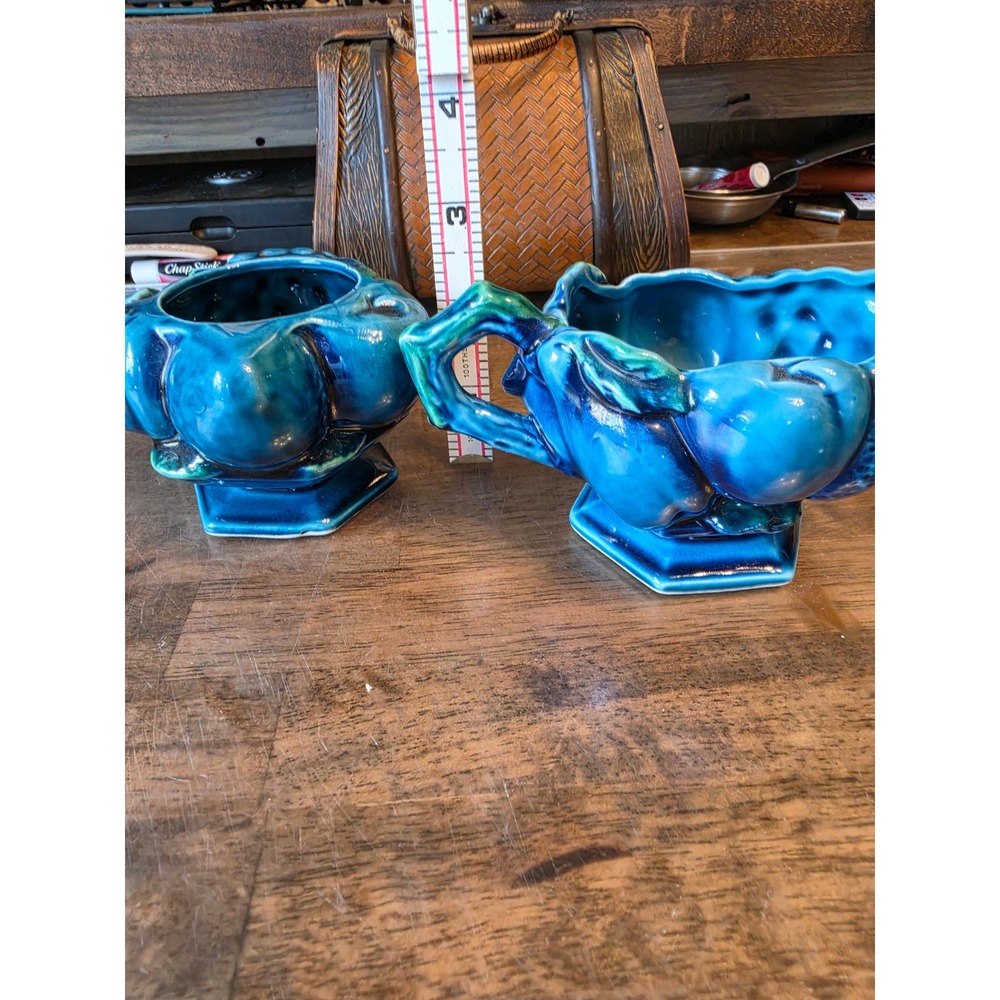 Vintage Inarco Japan Teal Blue Drip Glaze Fruit Creamer & Sugar Set missing lid!
